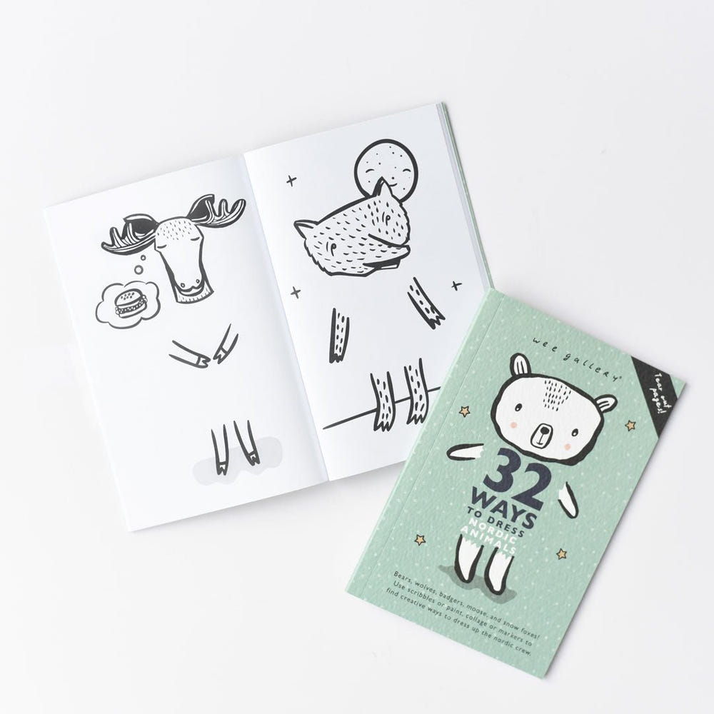 "32 Ways to Dress Nordic Animals activity book for kids featuring fun illustrations and engaging dress-up activities."