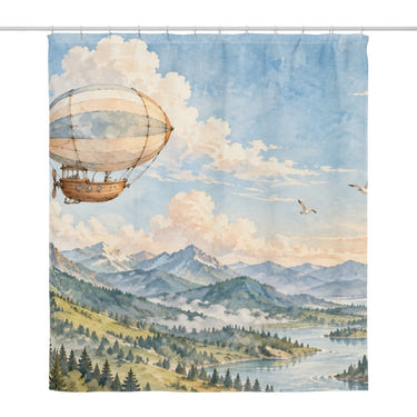 Soft Airship shower curtain, full front view of the 71 x 74 in fabric curtain