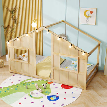 Twin size house bed with LED lights, slat-free design, perfect Montessori floor bed for toddlers in natural finish.
