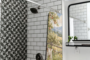 Peaceful Farm shower curtain in a modern farmhouse bathroom with subway tile
