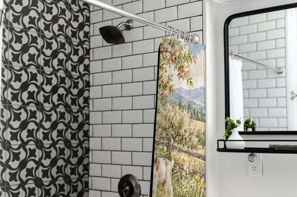 Peaceful Farm shower curtain in a modern farmhouse bathroom with subway tile