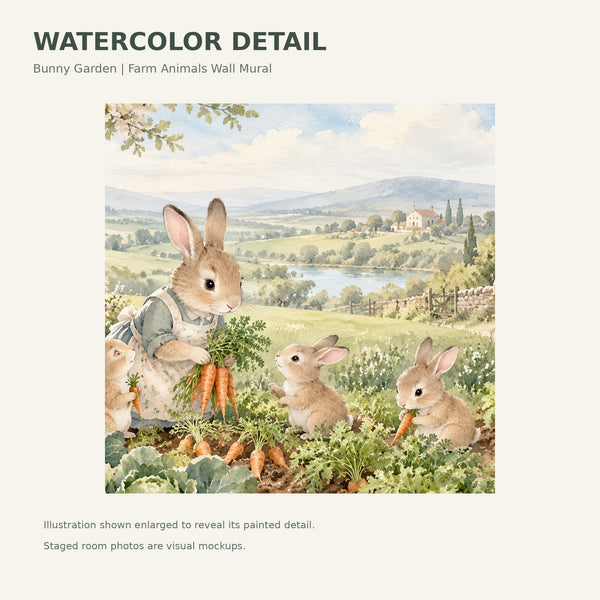 Watercolor Bunny Garden Farm Wall Mural, image 4
