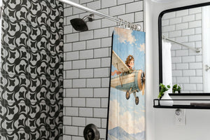 Vintage Airplane shower curtain in a modern farmhouse bathroom with subway tile
