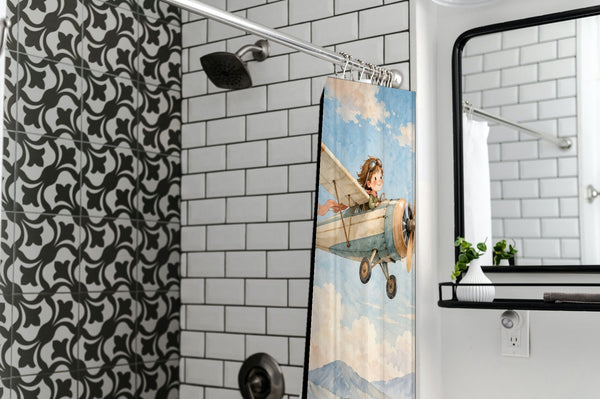 Vintage Airplane shower curtain in a modern farmhouse bathroom with subway tile