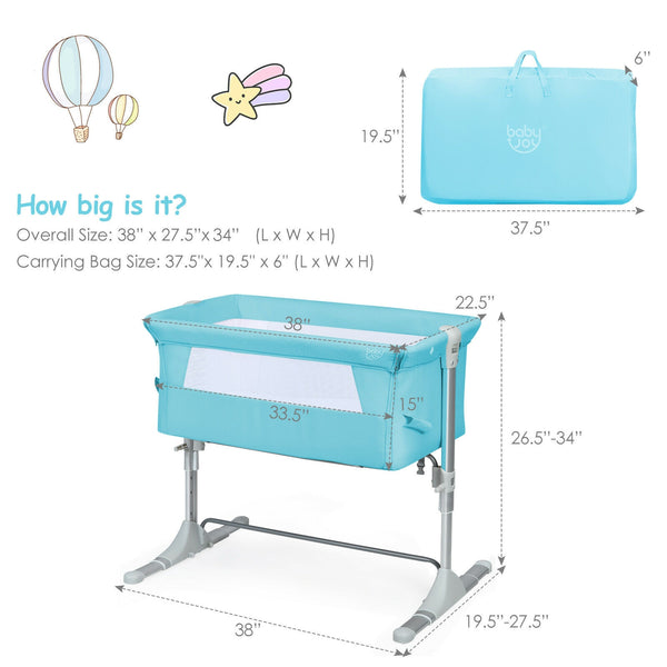 Portable baby bed side sleeper bassinet crib with carrying bag, angled view showcasing its compact design for travel.