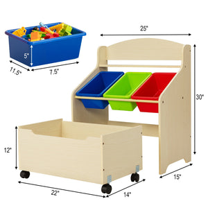 Kids wooden toy storage unit with rolling toy box and plastic bins, perfect for organizing toys and enhancing playrooms.