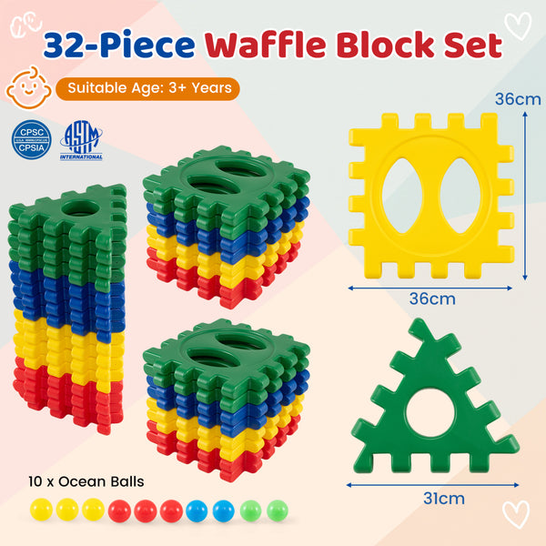 32-Piece Oversized Waffle Block Set with 10 Ocean Balls Easy-to-Use Grid Building Toys