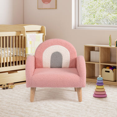 Kids pink armchair with comfy backrest and armrests, perfect for children's seating and playtime.