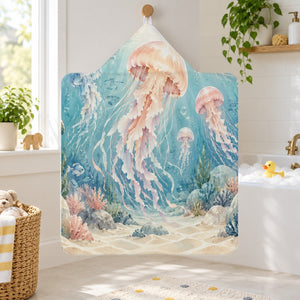 Jellyfish Garden Ocean kids hooded bath towel hanging in a kids bathroom