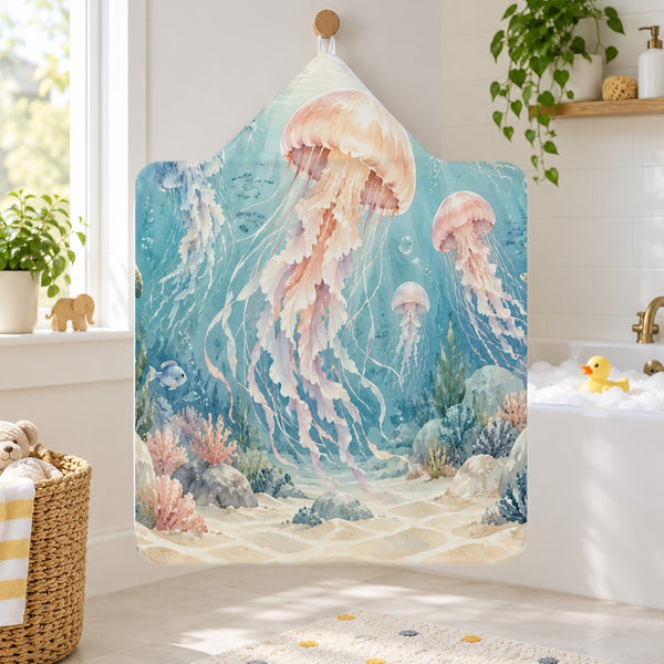 Jellyfish Garden Ocean kids hooded bath towel hanging in a kids bathroom
