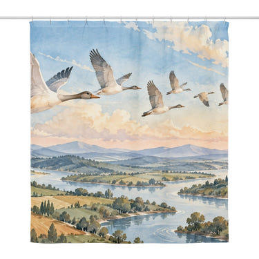 Migratory Birds shower curtain, full front view of the 71 x 74 in fabric curtain