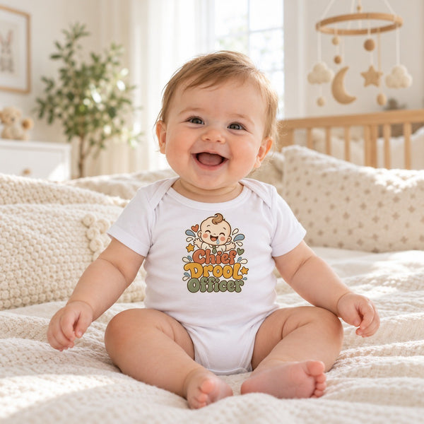 Baby wearing the Chief Drool Officer baby bodysuit