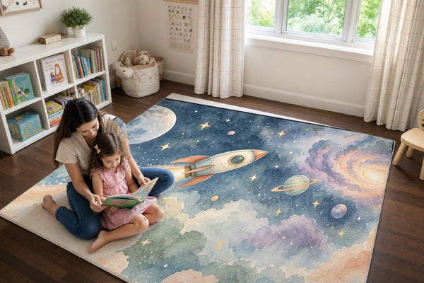 Mom and daughter reading a book on the Rocket Journey play rug