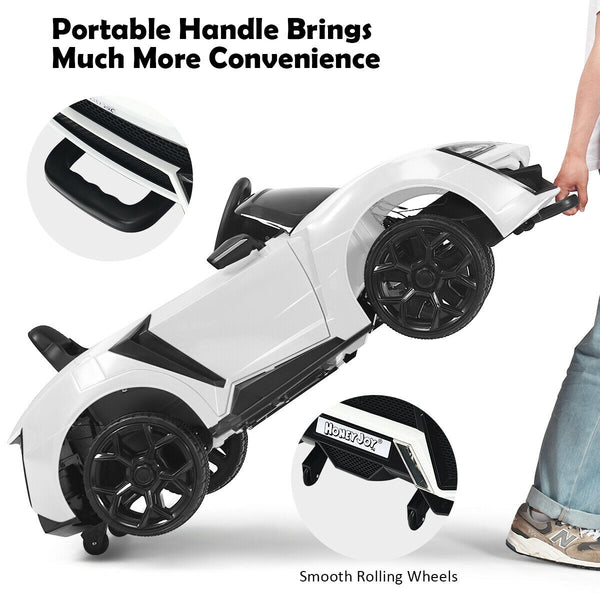 12V 2.4G RC electric vehicle for kids with lights, angled view showcasing its fun design and features.