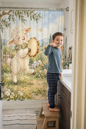 Child brushing teeth in a family bathroom with the Lamb and Bunny Music shower curtain