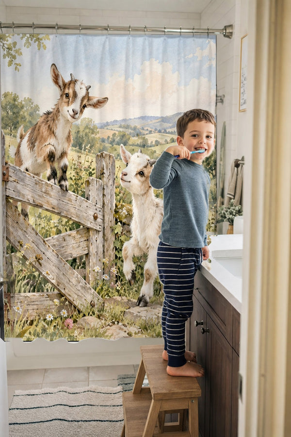 Child brushing teeth in a family bathroom with the Baby Goats Farm shower curtain