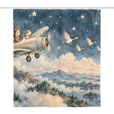 Moonlit Flight shower curtain, full front view of the 71 x 74 in fabric curtain