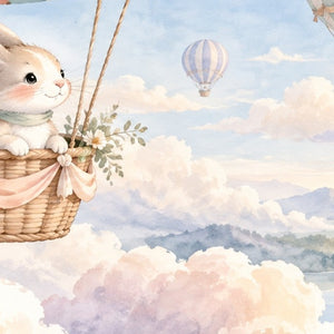Bunny Hot Air Balloon shower curtain, close up of the watercolor artwork