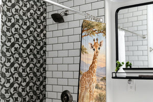 Baby Giraffe Safari shower curtain in a modern farmhouse bathroom with subway tile