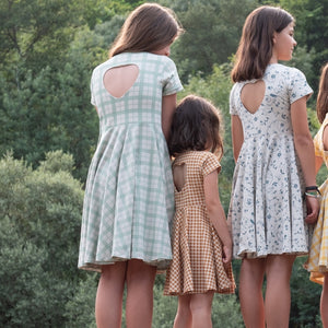 Sweetheart Twirl Dress in Fern Plaid, organic cotton jersey, perfect for baby swimwear, angle view 7.