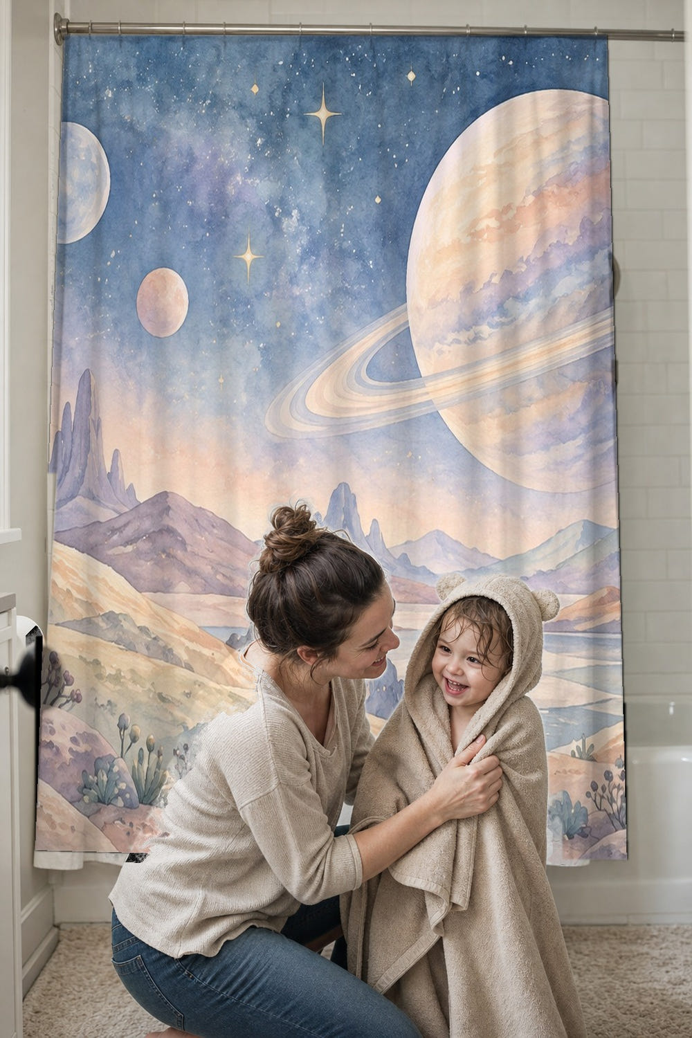 Alien Planet shower curtain, full front view of the 71 x 74 in fabric curtain