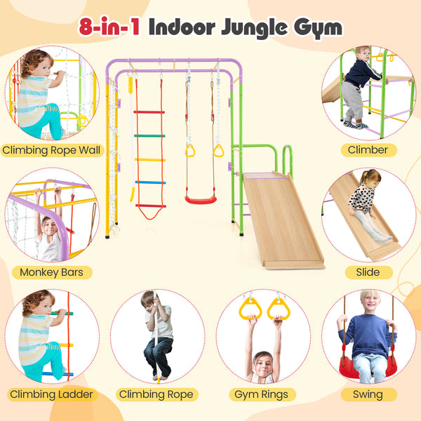 Metal Indoor Jungle Gym 8-in-1 Climbing Playset with Monkey Bars