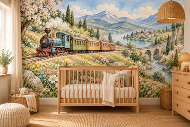 Watercolor Flower Meadow Train Wall Mural, image 1