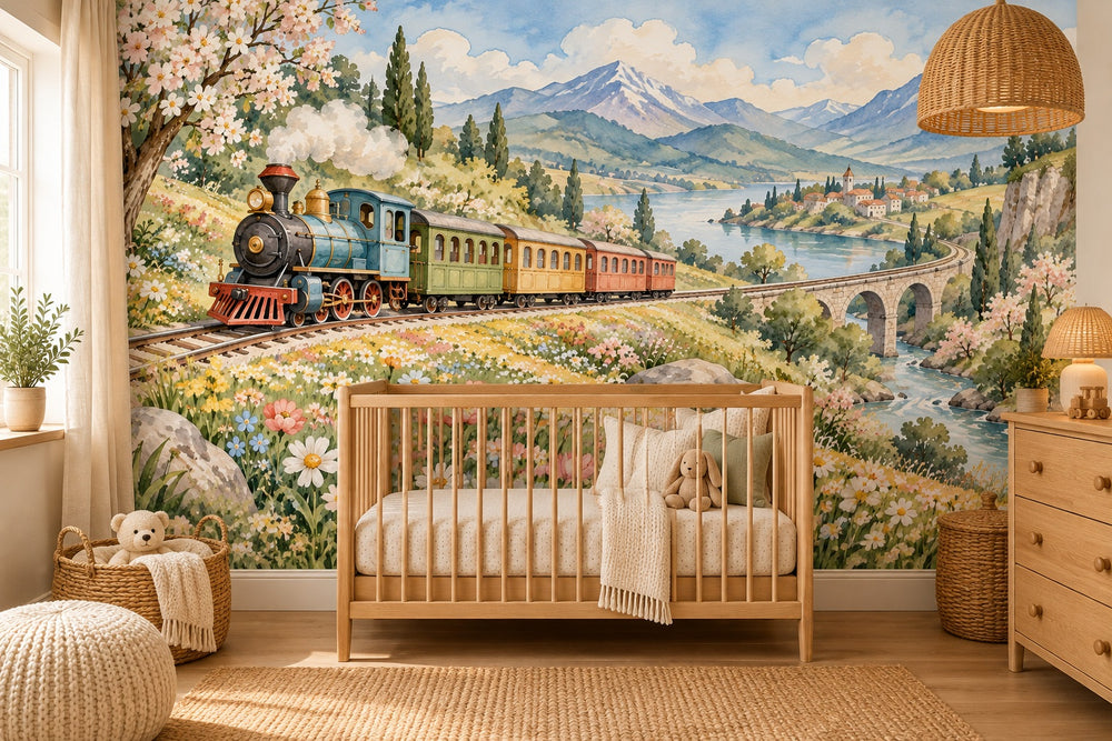 Watercolor Flower Meadow Train Wall Mural, image 1