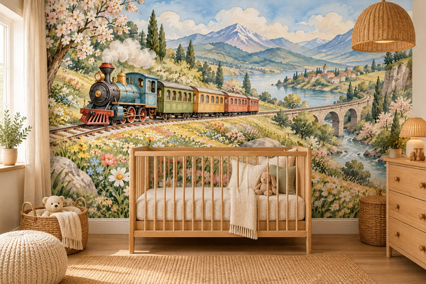 Watercolor Flower Meadow Train Wall Mural, image 1