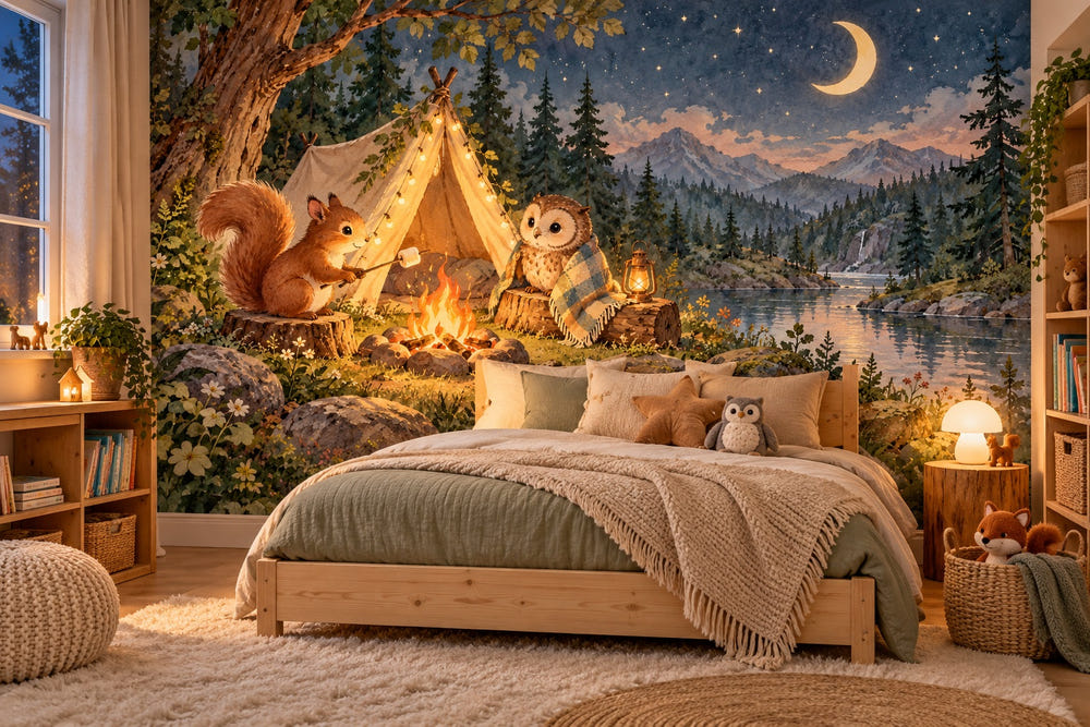 Watercolor Moonlit Forest Camp Camping Wall Mural, image 1