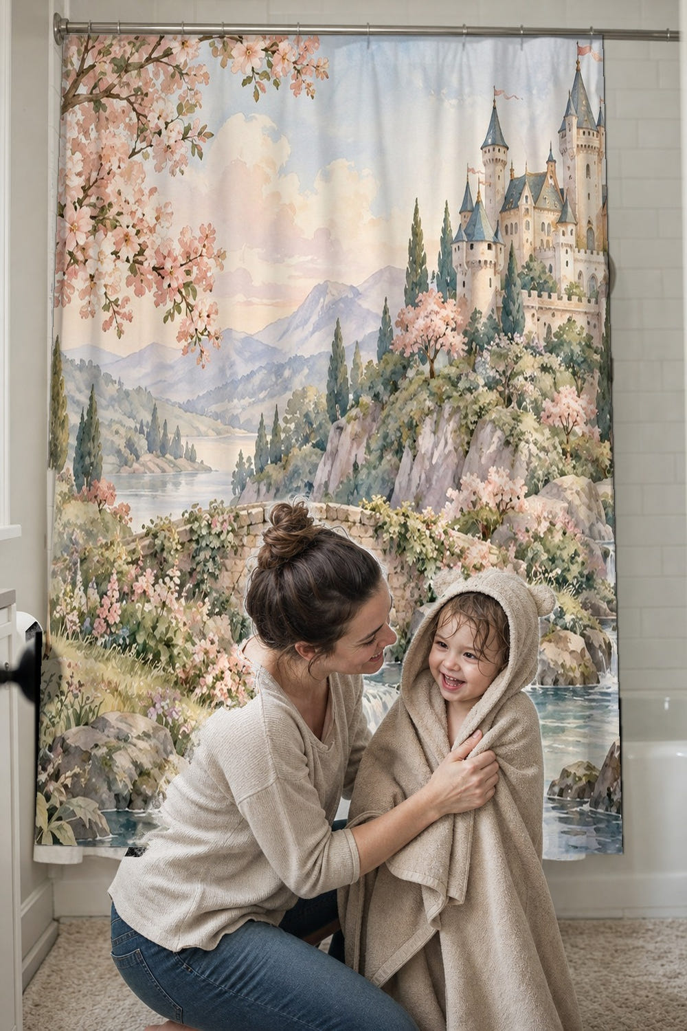 Woodland Castle Fairy Tale shower curtain, full front view of the 71 x 74 in fabric curtain