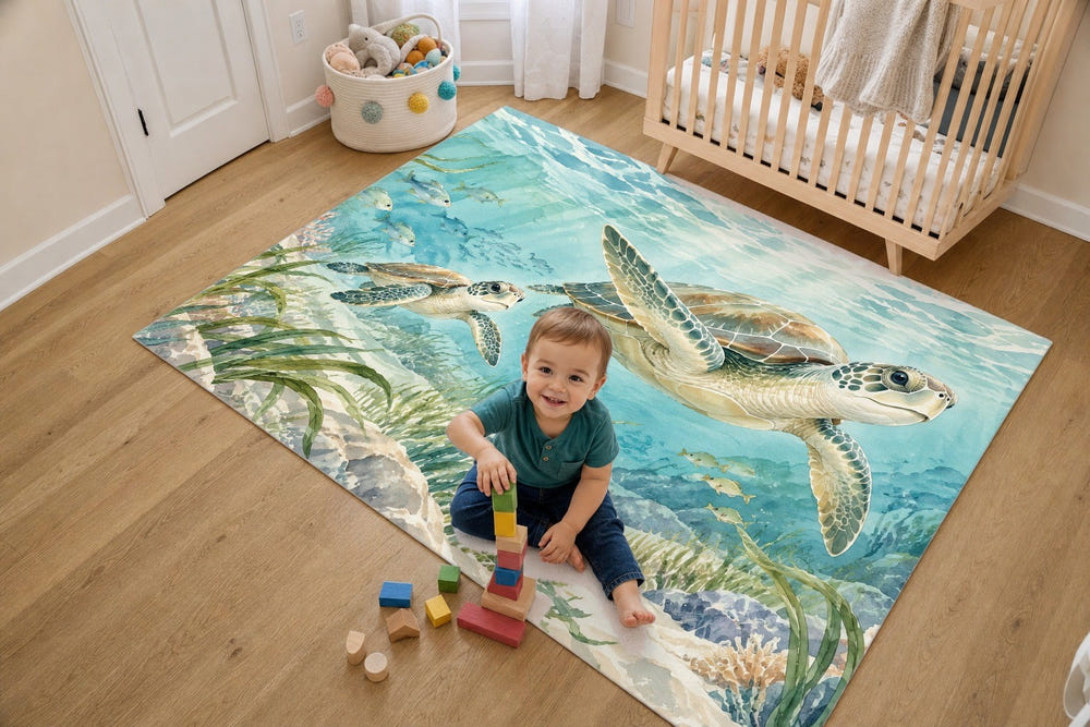 Sea Turtles Ocean kids rug, full view of the printed design