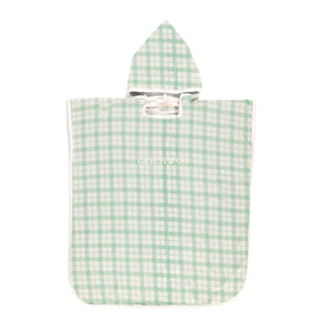 Organic cotton bathing towel poncho in fern plaid for babies, perfect for post-bath comfort and warmth.