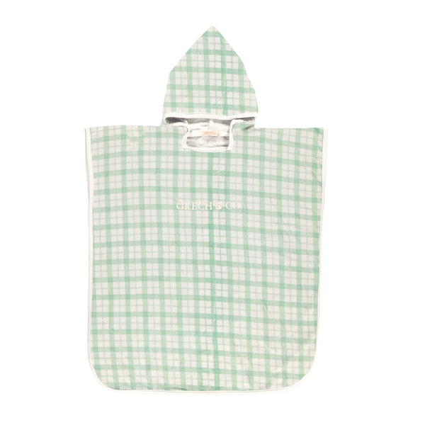 Organic cotton bathing towel poncho in fern plaid for babies, perfect for post-bath comfort and warmth.