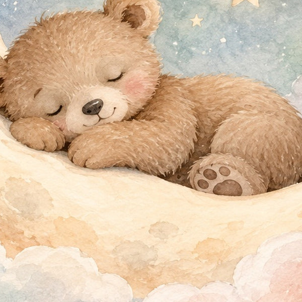 Moon Bear shower curtain, close up of the watercolor artwork