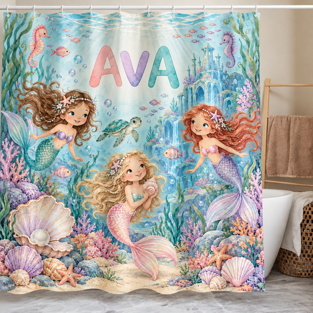Personalized mermaid kids shower curtain with the name Ava