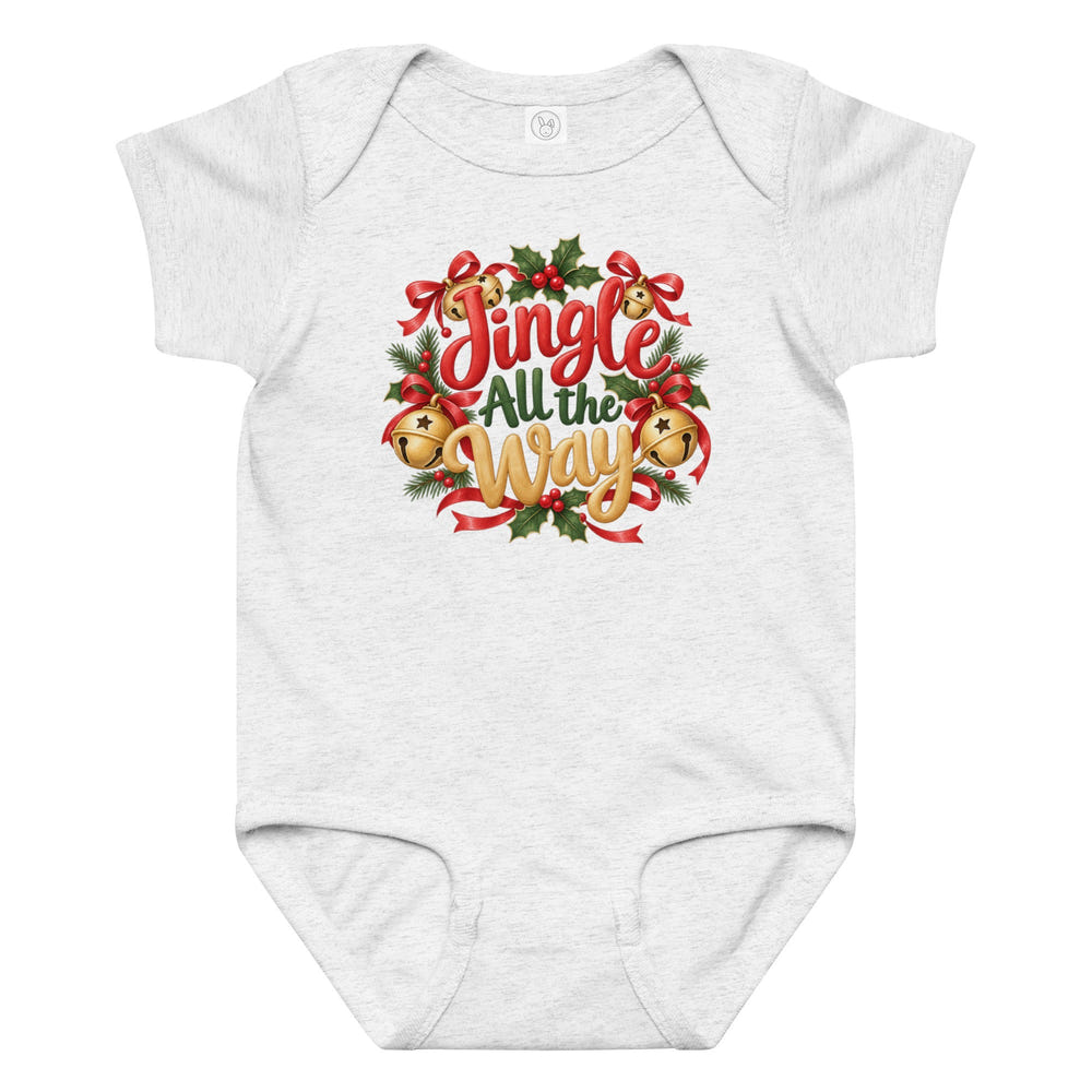 Jingle All the Way baby bodysuit in white, front view