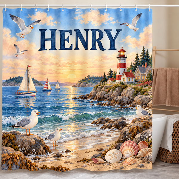 Personalized lighthouse shower curtain with the name Henry hanging in a kids bathroom