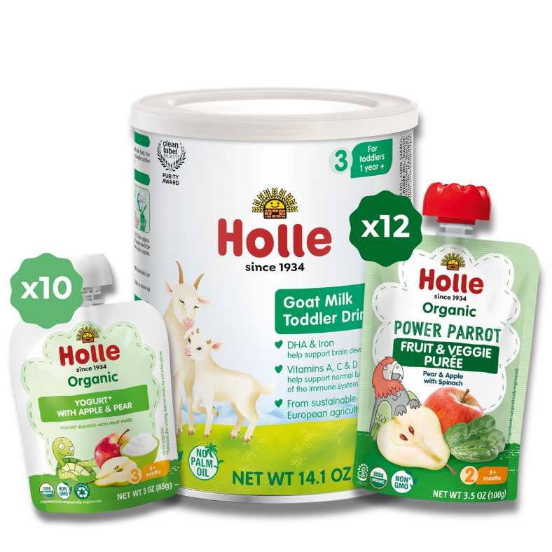 Goat & Greens Variety Bundle: Goat Milk, Power Parrot, Apple & Pear Yogurt for toddlers. Healthy drink powder options.