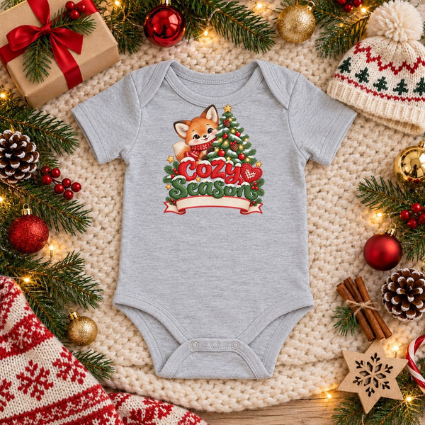 Personalize the Cozy Season baby bodysuit in heather grey with your baby's name