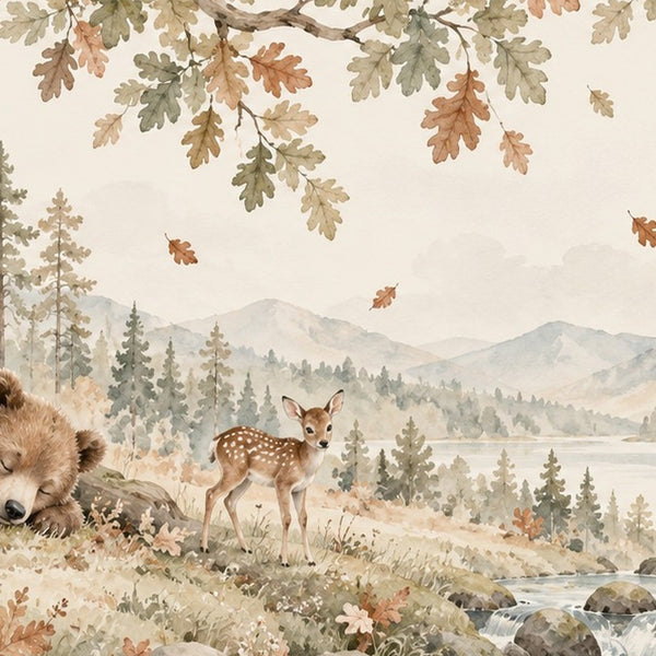 Sleeping Bear Oak kids rug, close up of the watercolor artwork