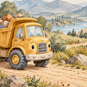 Dump Truck Road kids rug, close up of the watercolor artwork