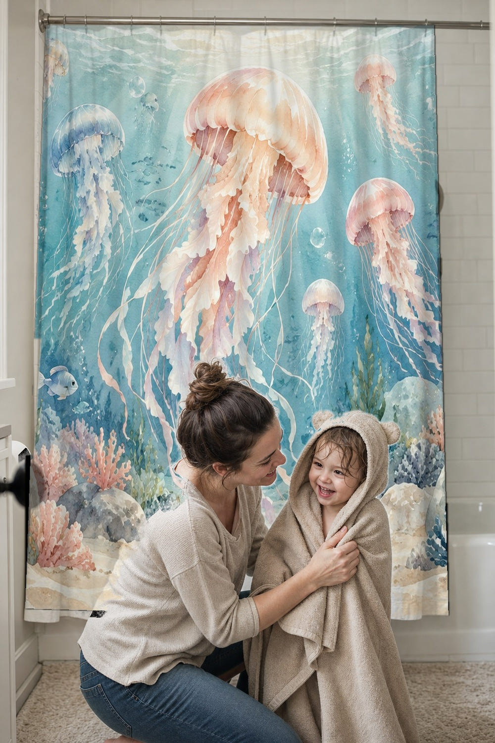 Jellyfish Garden Ocean shower curtain, full front view of the 71 x 74 in fabric curtain