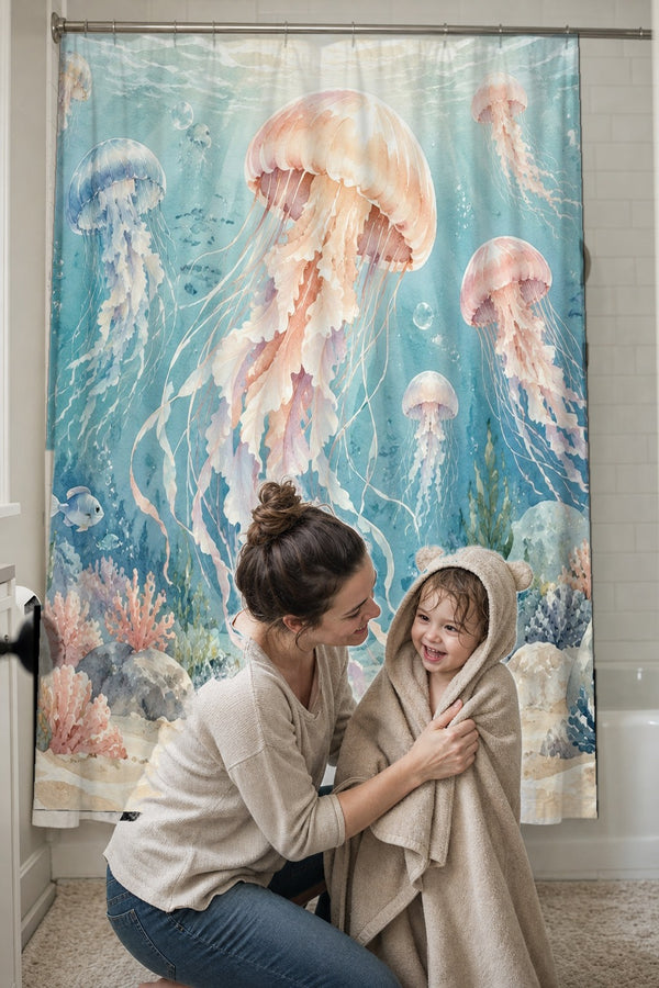 Mom drying her toddler in a hooded towel in front of the Jellyfish Garden Ocean shower curtain