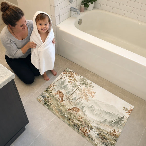 Mom and toddler in a hooded towel next to the Grazing Fawns bath mat