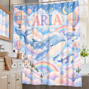 Sky Whales personalized kids shower curtain over a bathtub