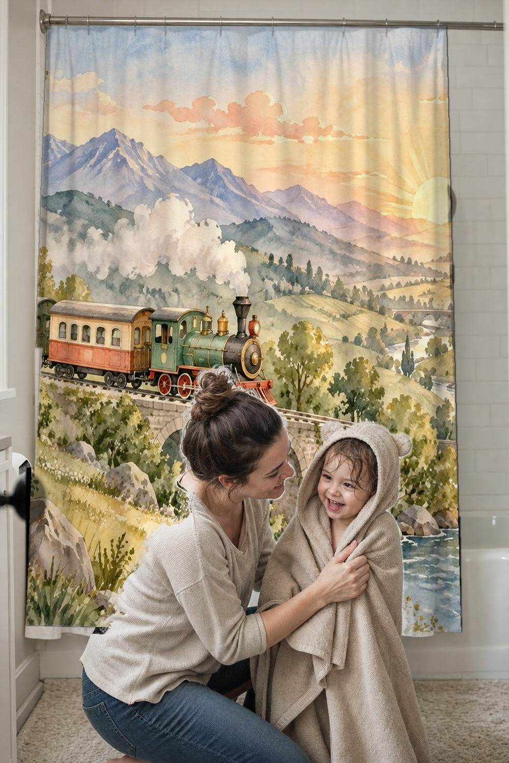 Sunrise Train shower curtain, full front view of the 71 x 74 in fabric curtain