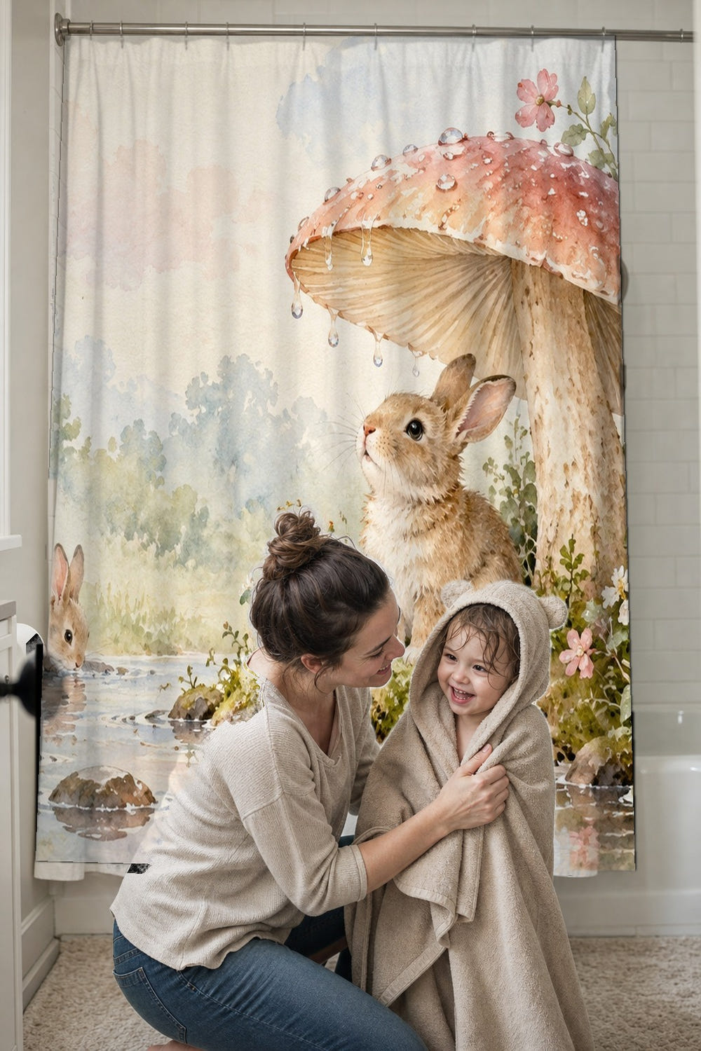 After the Rain Bunny shower curtain, full front view of the 71 x 74 in fabric curtain