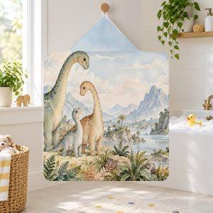 Long Neck Family Dinosaur kids hooded bath towel hanging in a kids bathroom