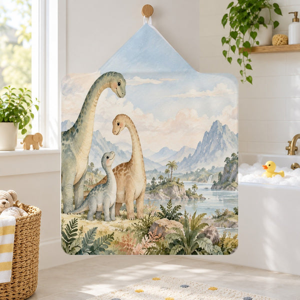 Long Neck Family Dinosaur kids hooded bath towel hanging in a kids bathroom